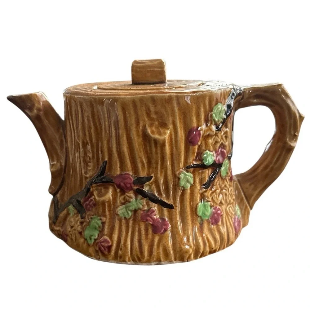 Vintage Majolica‎ Style Tree Bark Design Tea Pot Branches Leaves Blossoms Japan